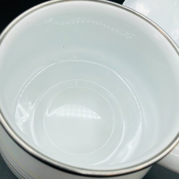 Vintage White Gray Yellow Stripes Enamel Fondue Pot and Lid Wood Handle Saucepan - Picture 6 of 13